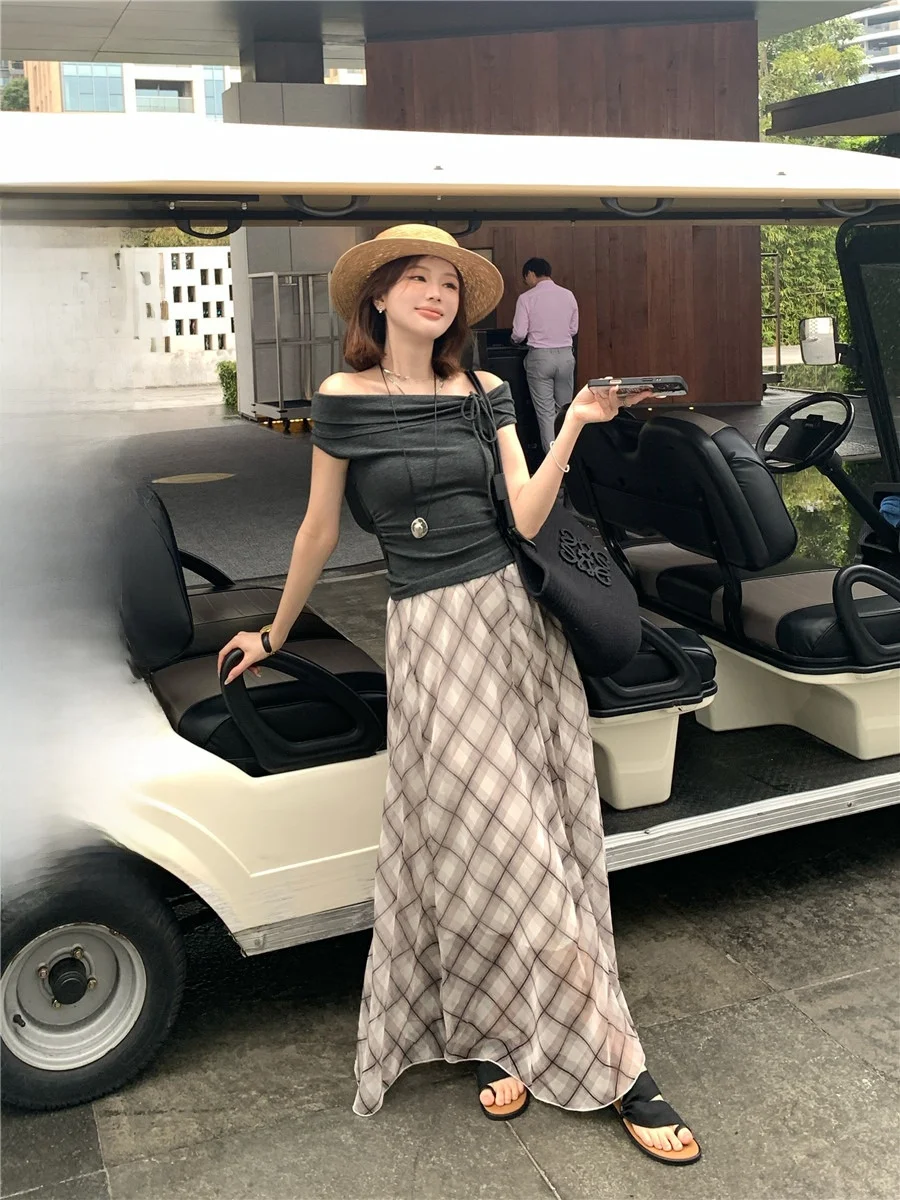 

Retro Plaid Half Skirt Women's Spring Holiday High Waist A-Line Long Skirt Cheese Brand Commute Style Belt Detail Loose Fit