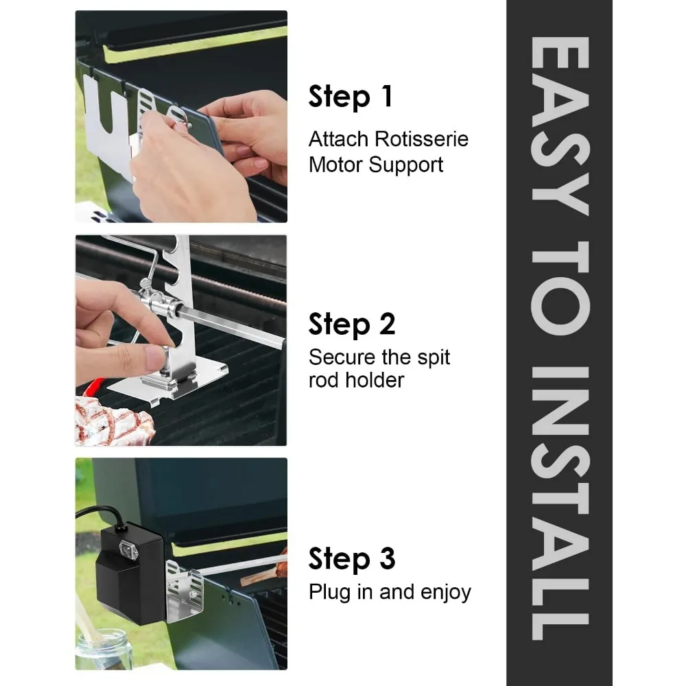 شواء دوار تلقائي، مع محرك 120 فولت 4 وات، وقضيب يبصقون 28 بوصة، وشوكة 2 × 4 وحوامل كاملة، ومسمار تثبيت للفناء الخلفي والخارجي