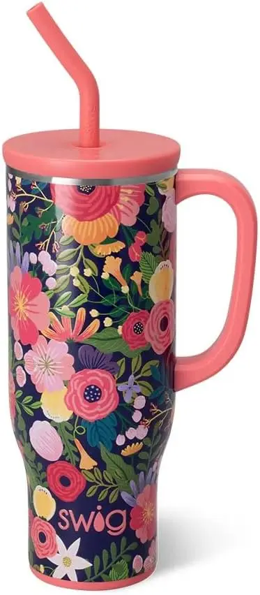 

30oz Insulated Tumbler with Handle and Straw, Stainless Steel Travel Mug, Cup Holder Friendly Large Water Bottle (Secret Garden)