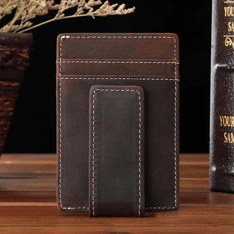 Vintage Money Clip Wallet Magnetic Buckle US Dollar Holder Crazy Horse Leather Men's Leather Wallet Anti Magnetic Card Holder