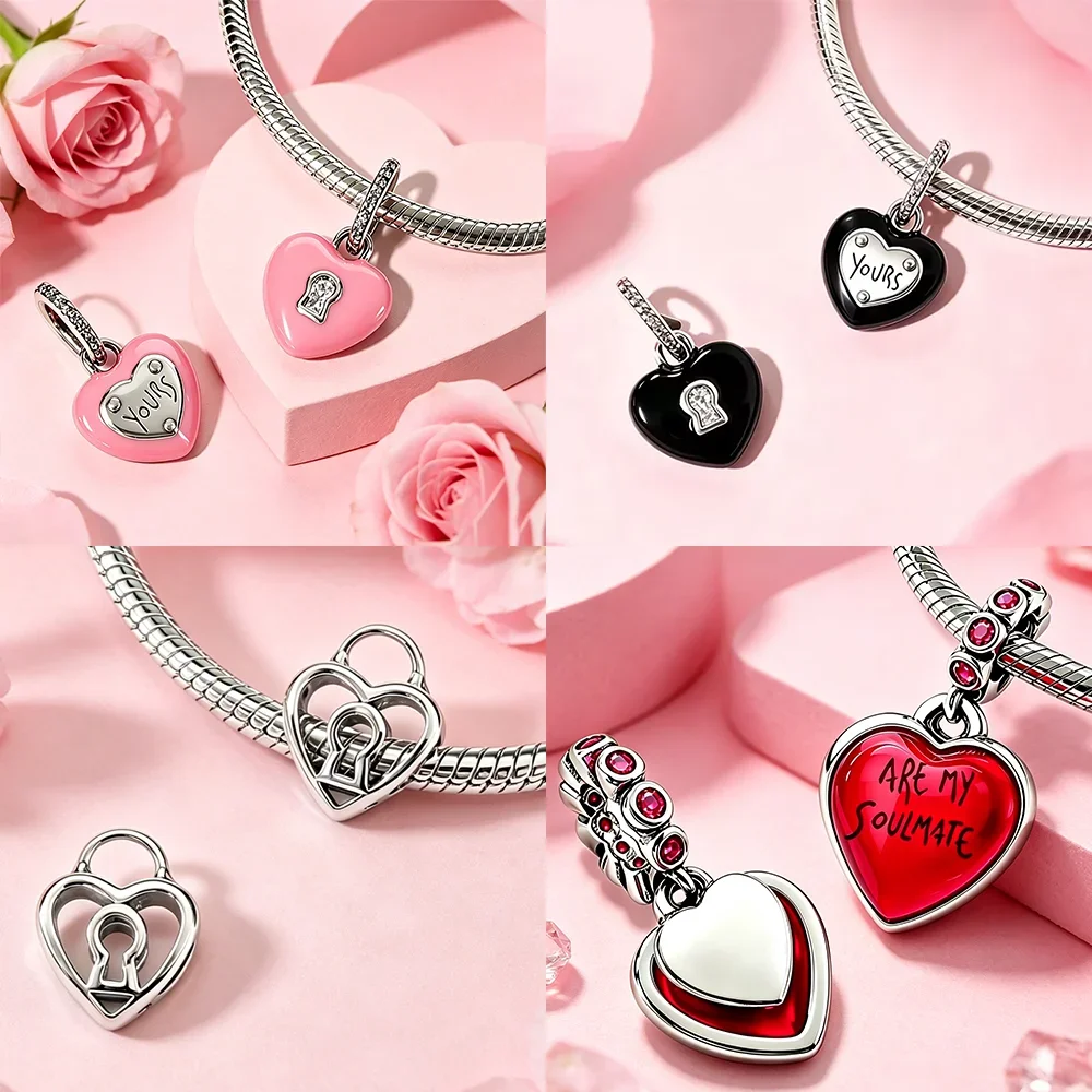 Hollow Heart Lock Flower CZ Original Charms 925 Sterling Silver Beads Fit Bracelets Bag Keychain Charms Diy Women Gift Accessory