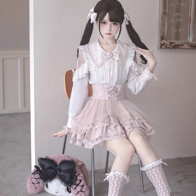 2026 Japanese Kawaii Lolita Skirt Sets Women Sweet Lace Off Shoulder Bow Blouse High Waist Mini Skirt Gothic Y2k JK Uniform Suit image 4