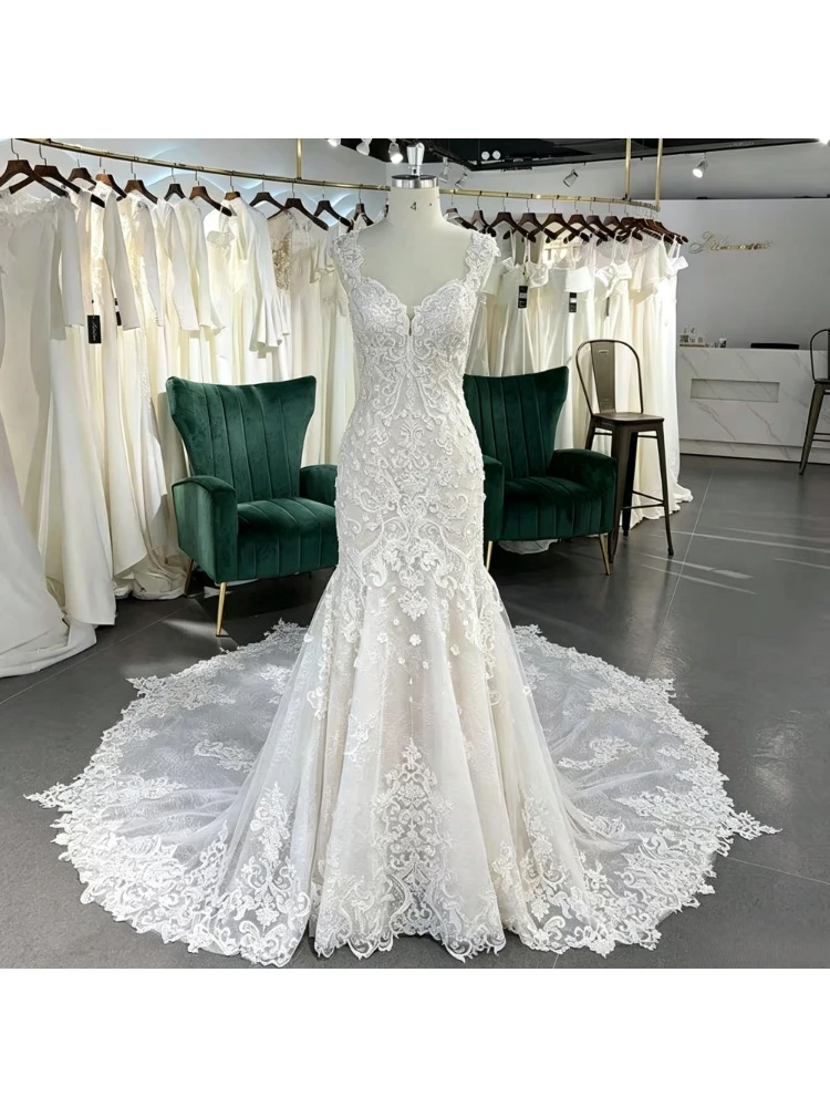 Customized Sweetheart Spaghetti Strap Lace Mermaid Wedding Dress with Extra Wide Scalloped Cathedral Train Bridal Reception