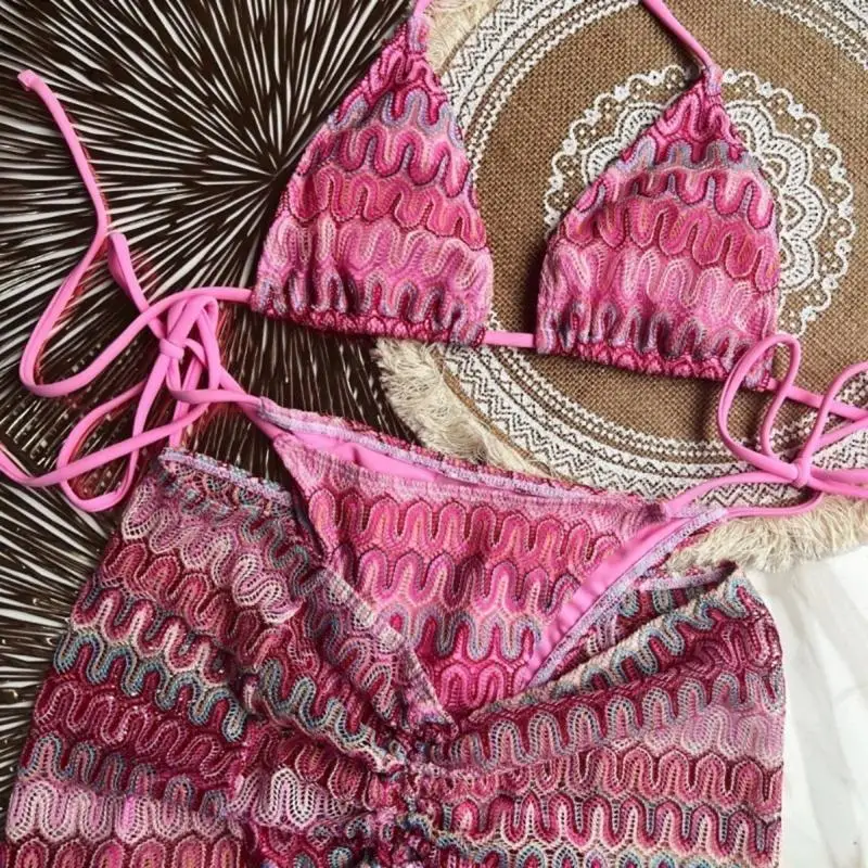 U2JB Women Bathing Suit 3 Pcs Split Swimwear Ladies Striped Swimming Costume Set
