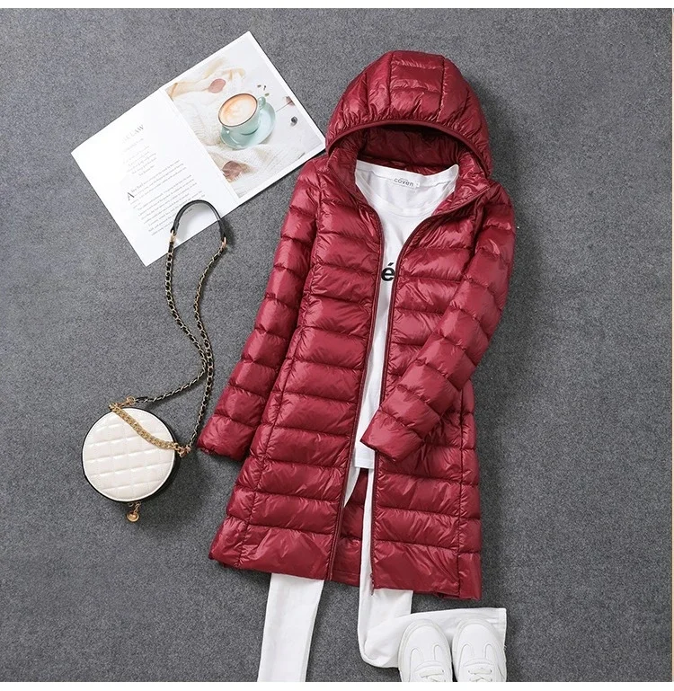 2024 Women Spring Jacket Ultralight Thin Packable Down Long Jacket  Female Hat Detachable Slim Fit Skirt Coat Portable Outwear