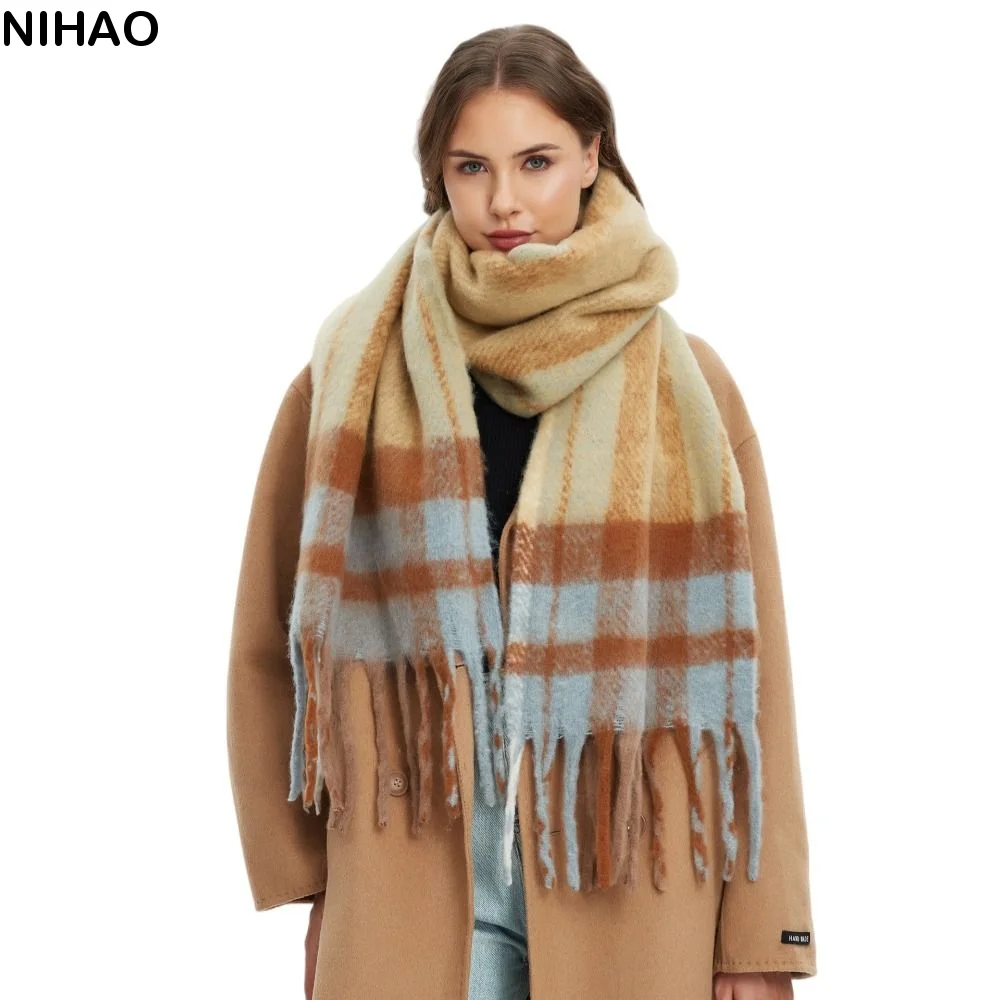 Elegant Mohair Plaid Wool Scarf Plush Long Rainbow Tassel Shawl Thick Imitation Cashmere Women Cape Student