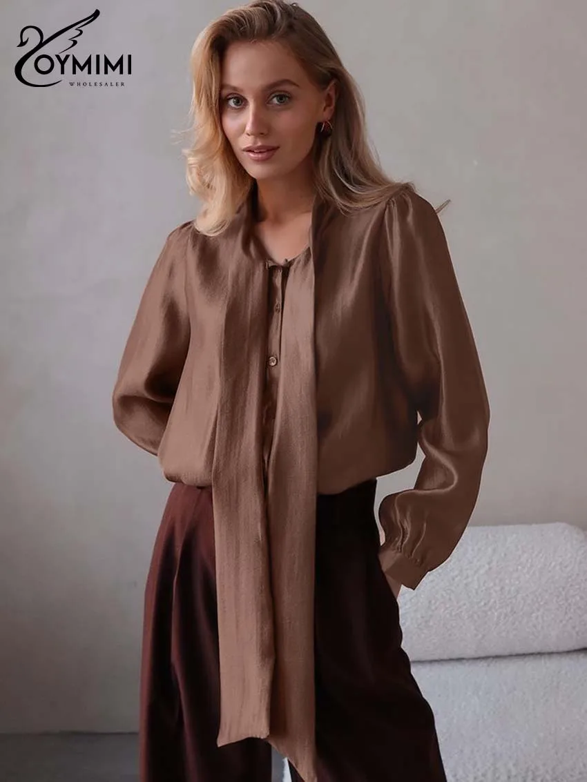 Oymimi Fashion Borwn O-Neck Woman Blouses Elegant Long Sleeve Lace-Up Solid Blouses Autumn Casual Single Breasted Shirts Female
