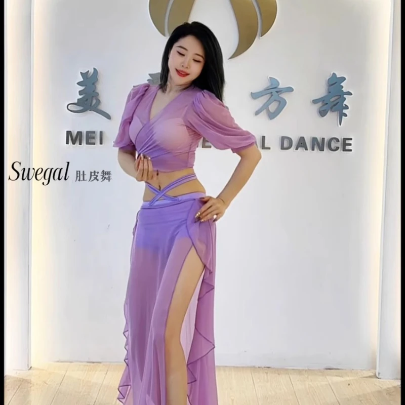 Belly Dance Professional Suit for Women Mesh Short Sleeves Top+sexy Split Long Skirt 2pcs Girl's Oriental Belly Dancing Suit