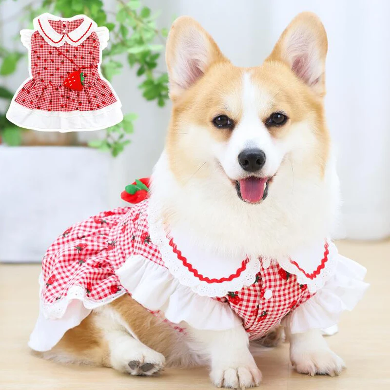 

Cute Strawberry Pet Dress for Dogs Spring Summer Cartoon Outfit with Backpack Design Small Medium Puppy Clothes Dog Costume