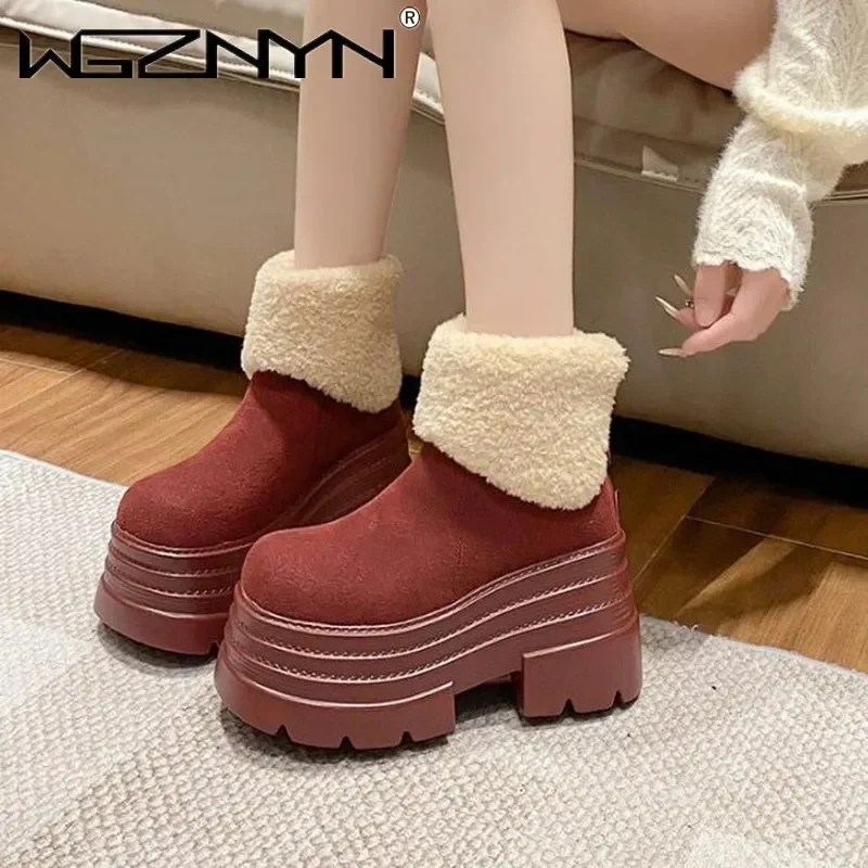 2026 inverno botas de neve quentes das mulheres ao ar livre sapatos de tornozelo de pelúcia anti-skid tênis de couro grosso bota de pele curta botas mujer 10cm