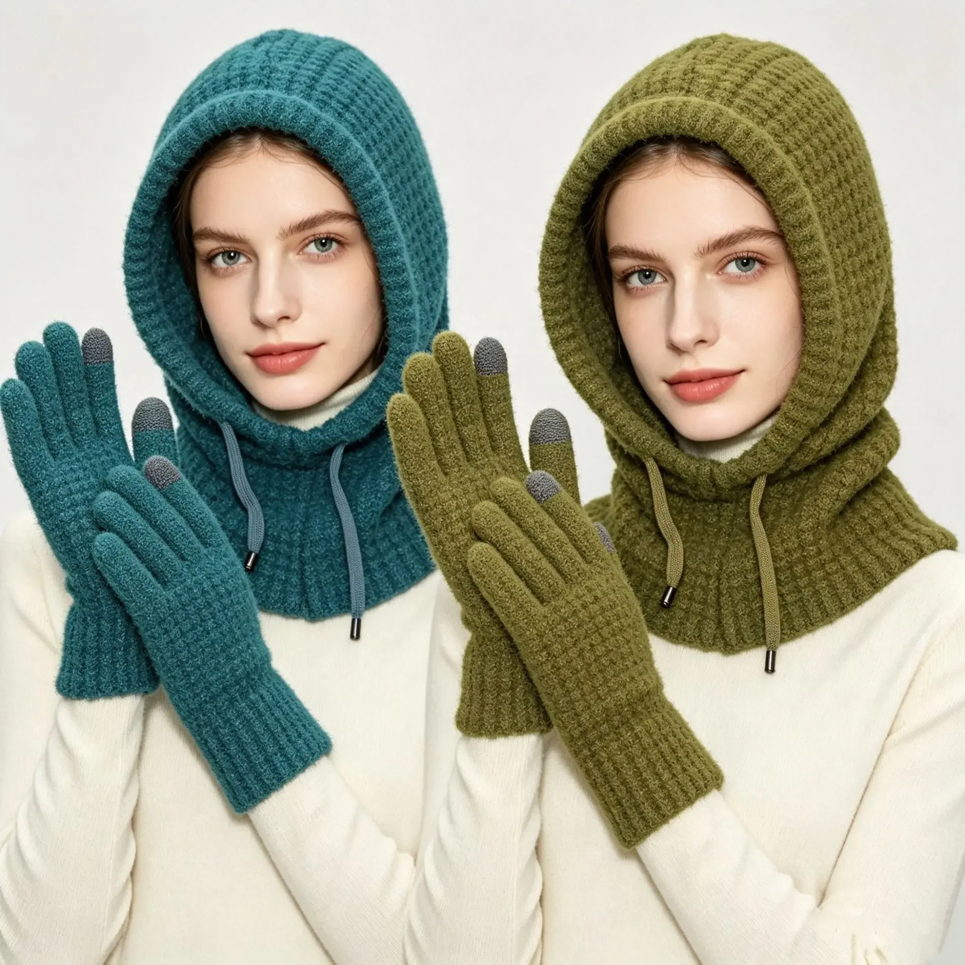 Winter Women Hat Set with Scarf Neck Warmer and Gloves for Outdoor Cycling Riding Knit Cap