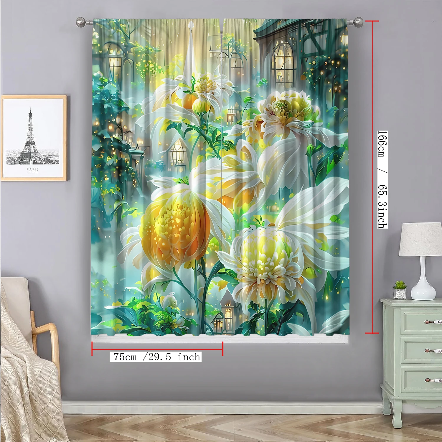 2PC Home Decoration Curtains With Dreamy Floral Background And Rod Pocket Curtains, Suitable For Kitchens, Cafes, Living Rooms