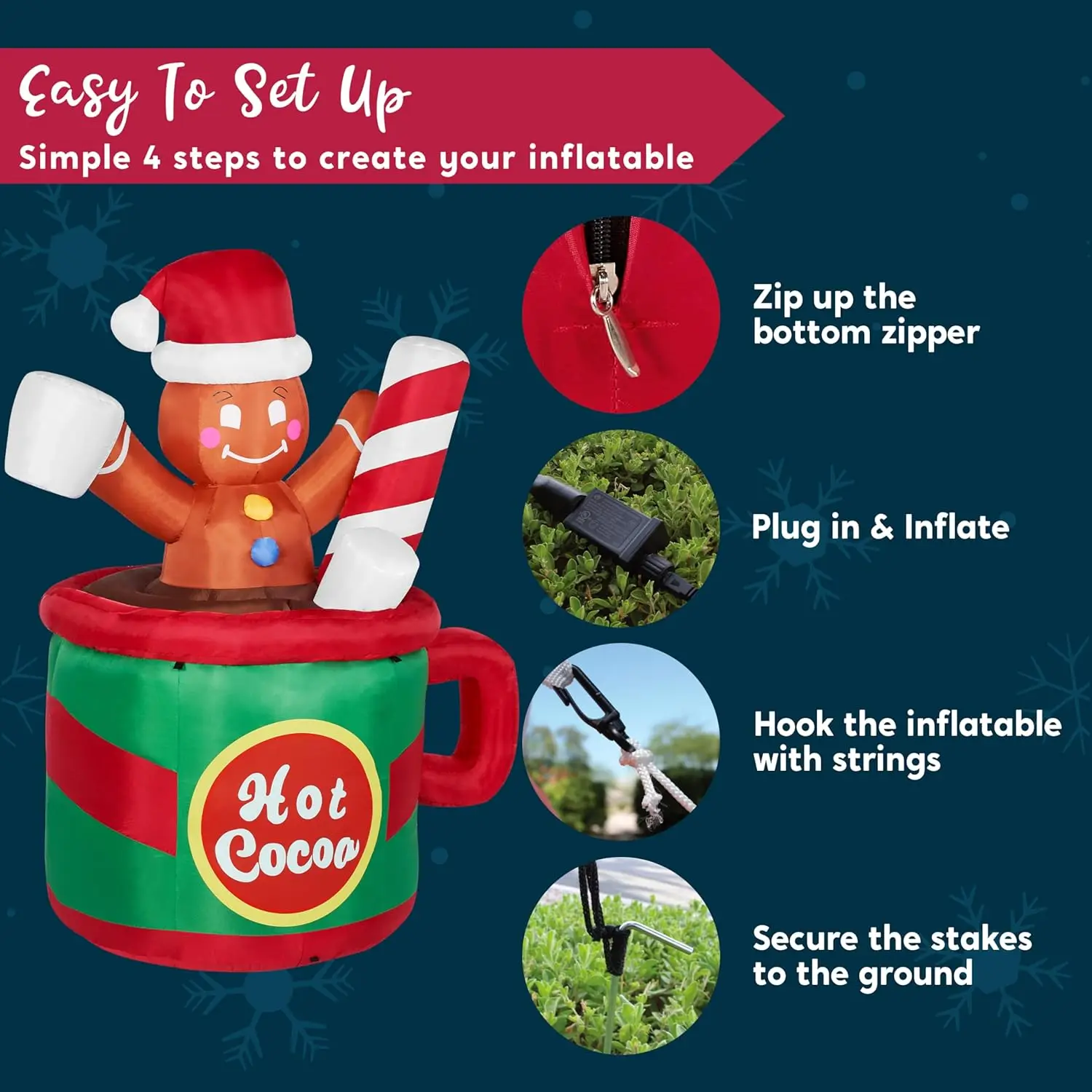 ตุ๊กตาเป่าลมรูปคนขนมปังขิงขนาด 6 ฟุต ยี่ห้อ JOYFY พร้อมแก้วน้ำร้อนใส่ไฟ LED ในตัว สำหรับตกแต่งงานปาร์ตี้คริสต์มาสและฤดูหนาว