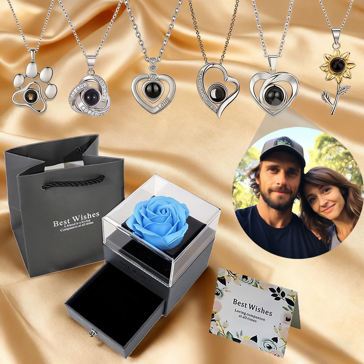 

Custom Color Photo Elegant Necklace With Blue Rose Gift Box Stainless Steel Chain Valentine's Day Christmas For Lover Romantic