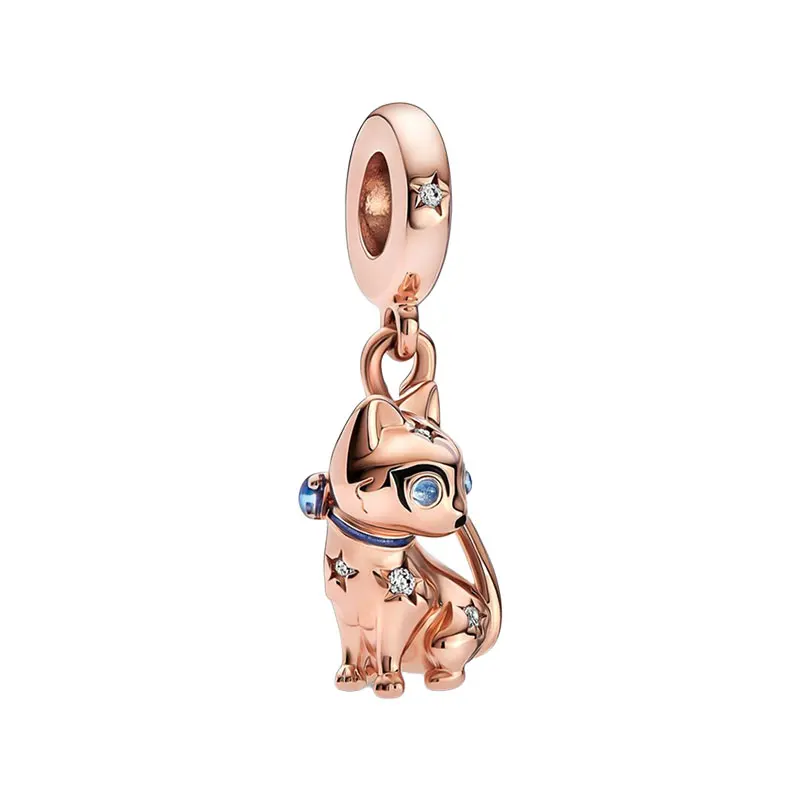 Rose Gold Furry Companion Pet Cat Pendants Charms For Women Clear Zircon Black Blue Enamel Original Jewelry Making DIY Bracelets