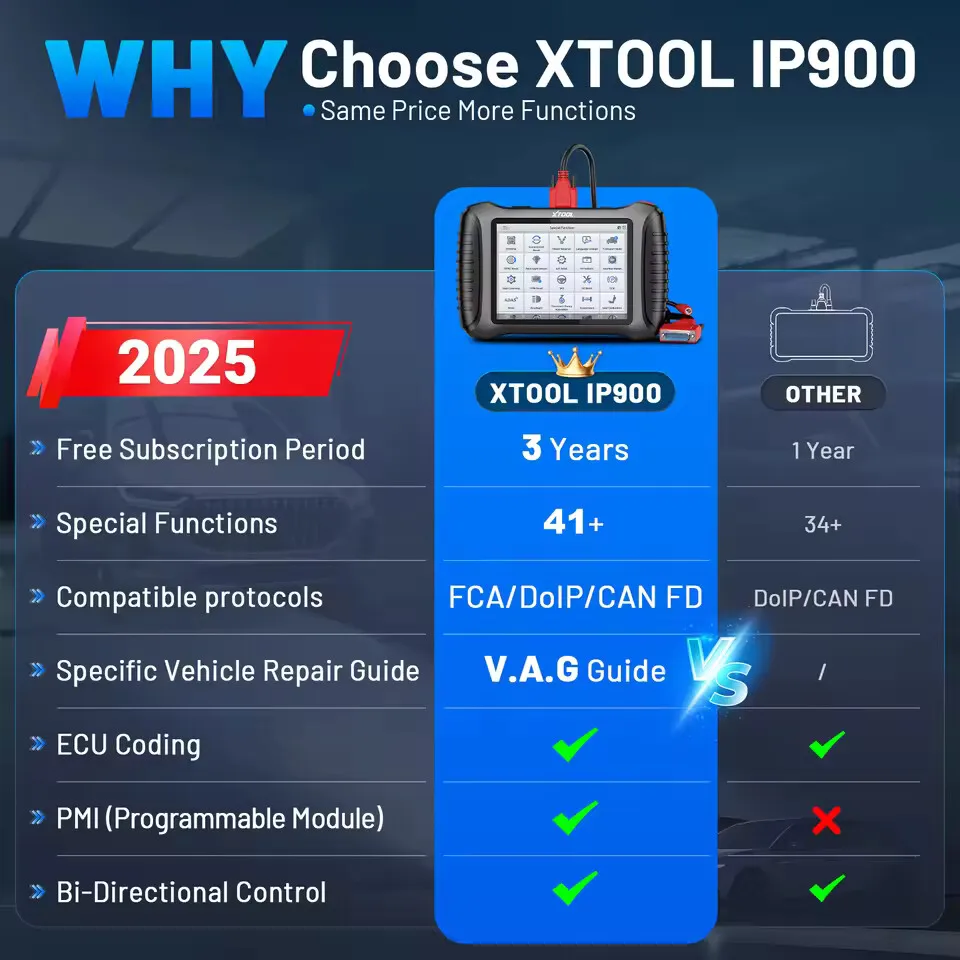 XTOOL IP900 نظام كامل أدوات تشخيص السيارات السيارات ثنائي الاتجاه الماسح الضوئي ECU الترميز 41 إعادة تعيين CANFD DOIP FCA