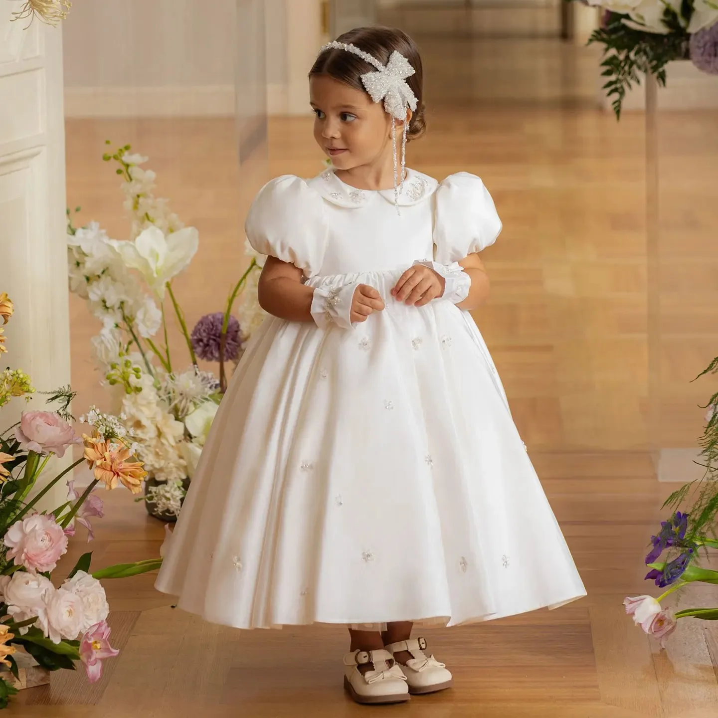 Vestidos blancos de flores para niña, vestido de desfile para boda, satén con cuentas hasta el tobillo, fiesta de cumpleaños de princesa, vestido de primera comunión