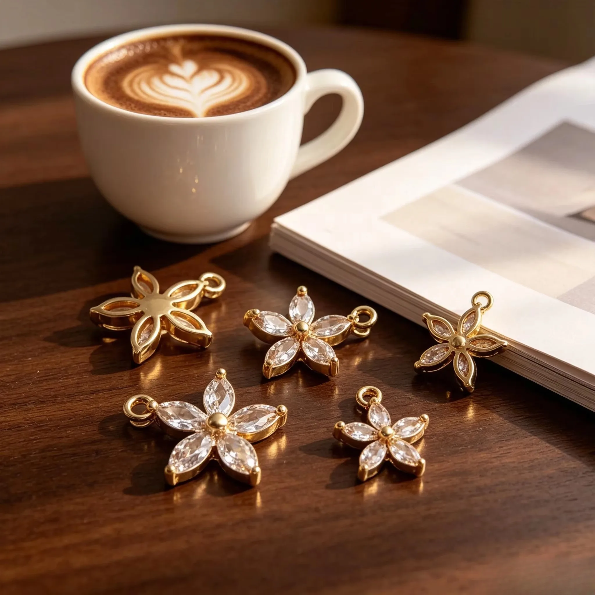 Shiny Micro Pave Zircon Floral Heart Charms 14K Gold Plated Brass 1pc For DIY Earrings Bracelet Handmade Jewelry