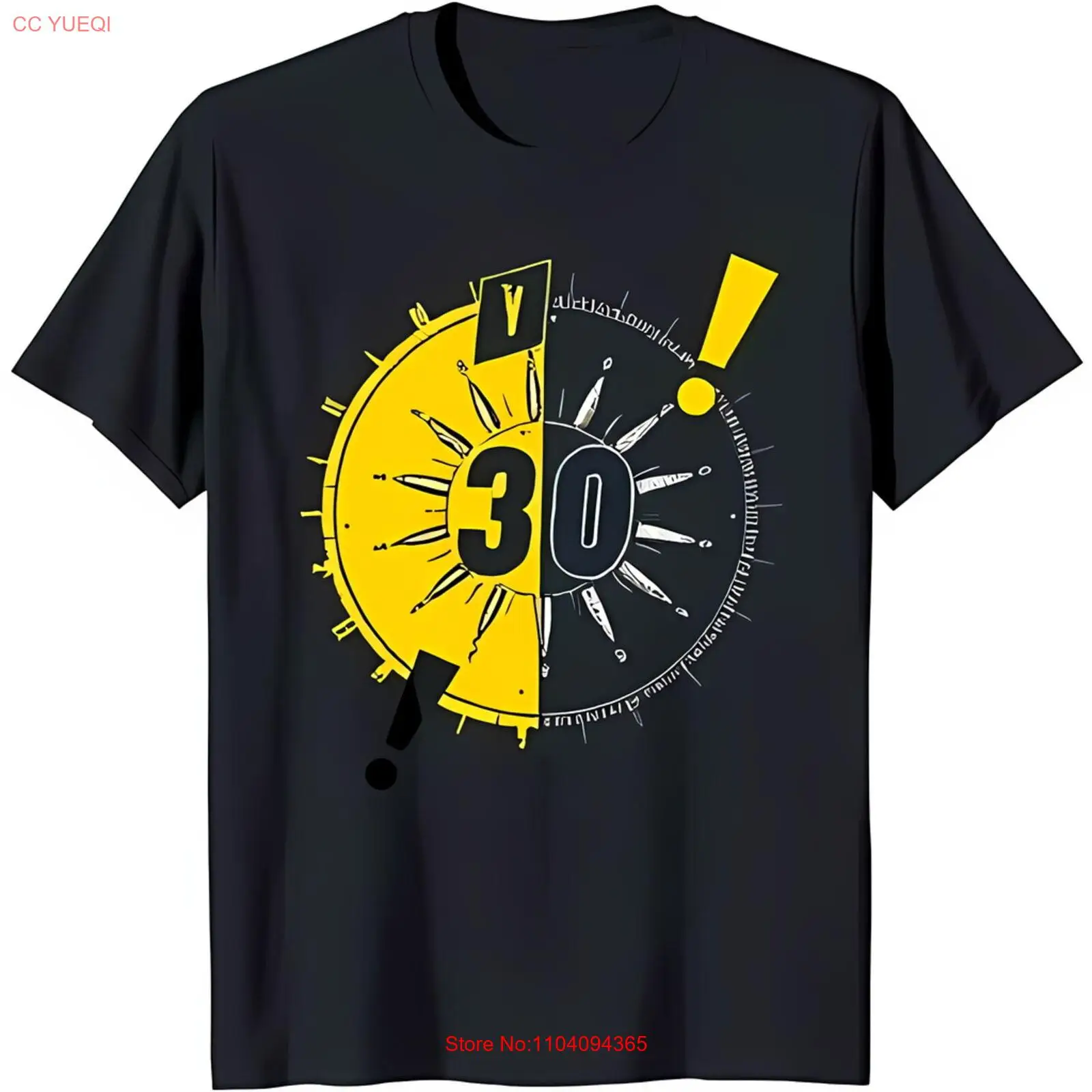 

Stylish Black T-Shirt with Bold Yellow and Black Circle Graphic & '30