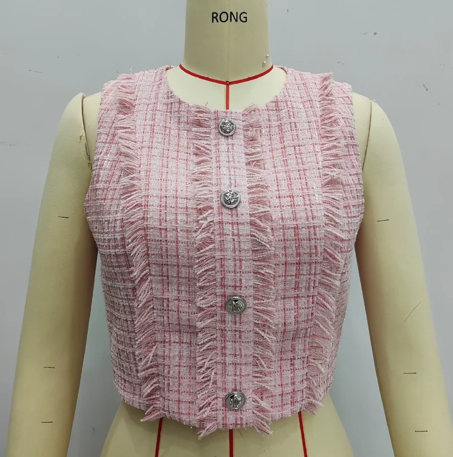 

Women's Sweet Top Spring and Summer Women's Clothing Small Fragrance Style Short and Versatile Top Coarse Tweed Sleeveless Vest