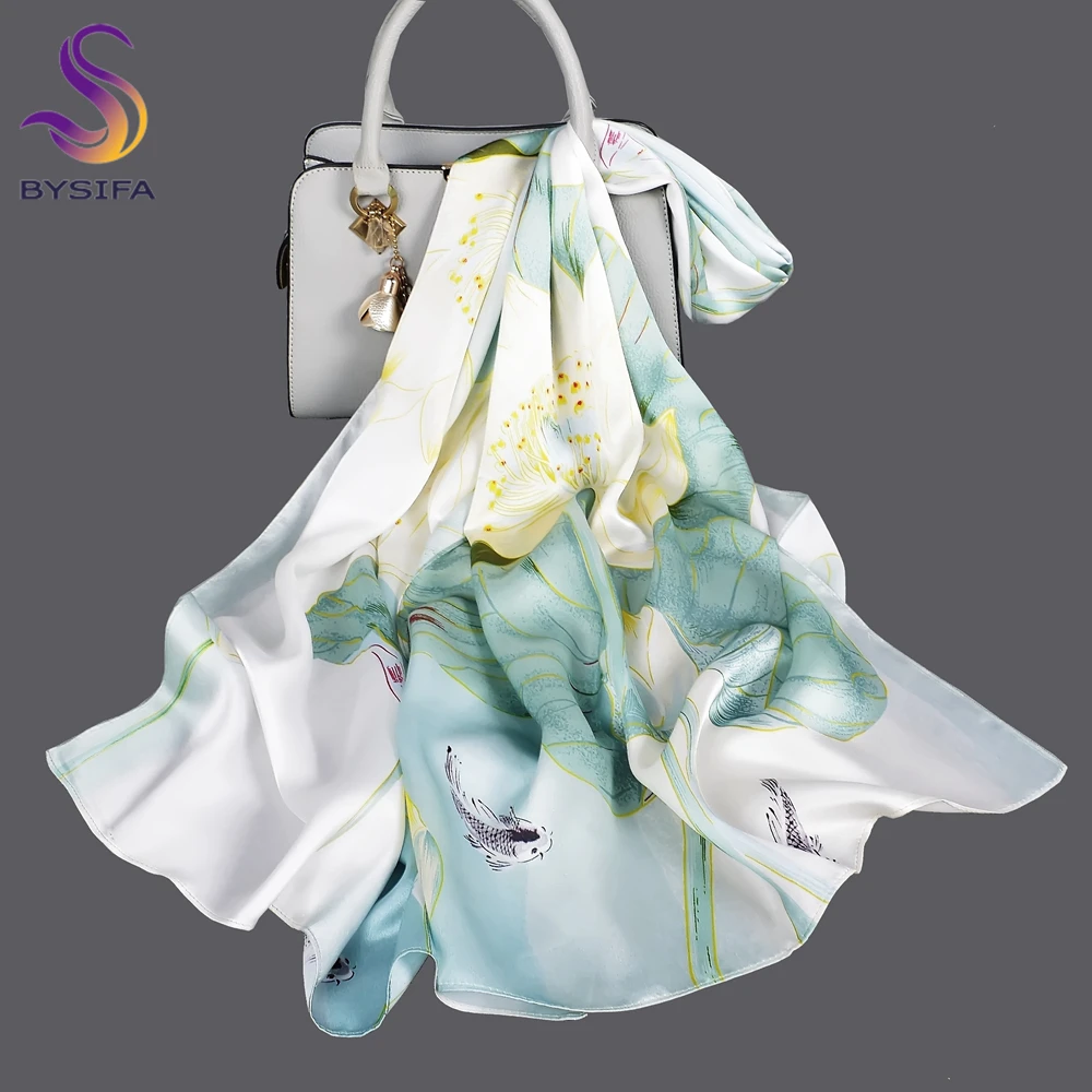 

BYSIFA|New White Blue Silk Scarf Bufanda Fashion Lotus Design Women's Scarves Brand 100% Mulberry Silk Long Scarf Shawl 170*53cm