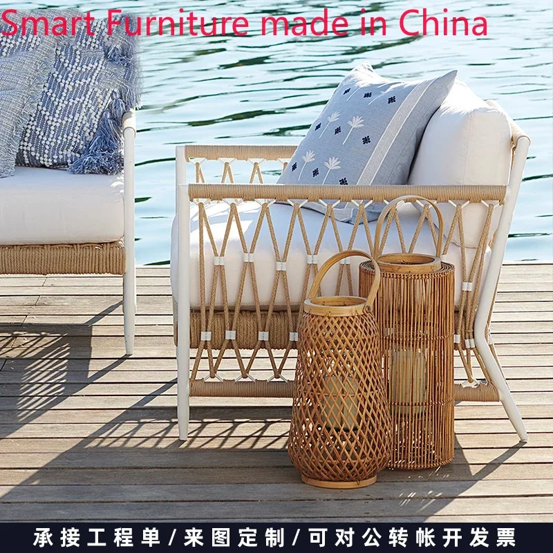 Modern style outdoor rattan sofa courtyard terrace rock board table set furniture