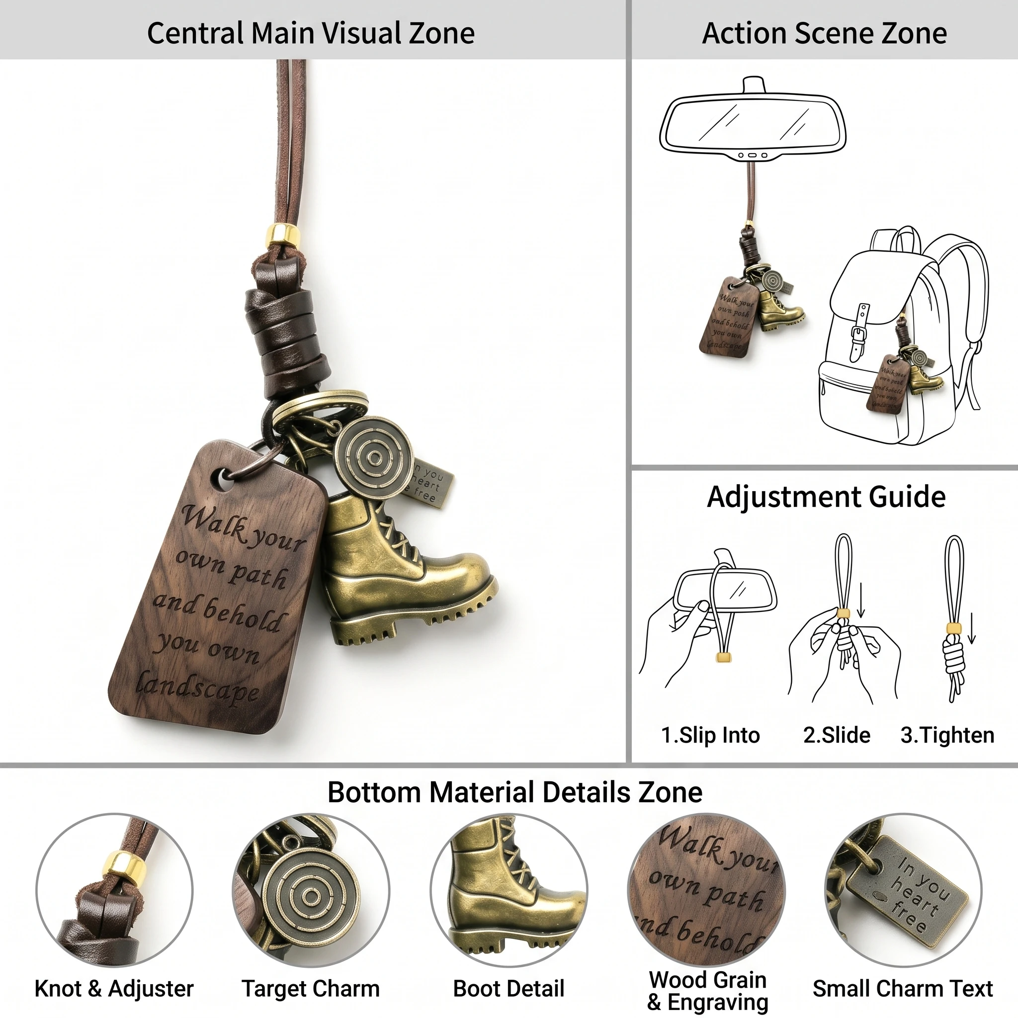 Vintage Horn Car Hanging Engraved Fearless Horizon Wooden Tag Leather Rope Backpack Charm Men Gift