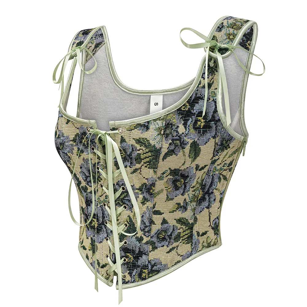 

Винтажный корсетный жилет в стиле Ренессанс с цветочным принтом, на молнии, без рукавов, на шнуровке, облегающий, укороченный, для летних вечеринок и клубов