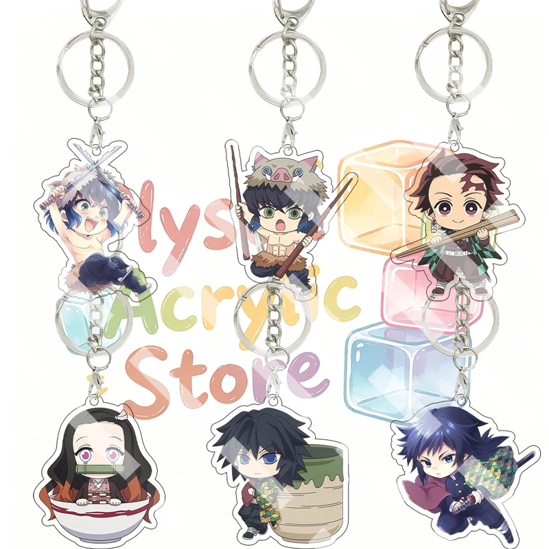 Demon Slayer Cute Q Version Acrylic Keychain Anime Cartoon Tanjiro Nezuko Inosuke Giyuu Character Accessory Bag Pendant Charm