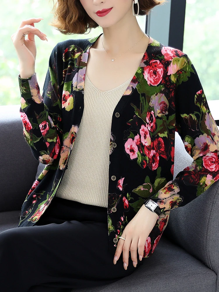 Sweater Women New Autumn Casual Print Floral Long Sleeve Woman Cardigan High Quality Knitwear Single-breasted Cardigans