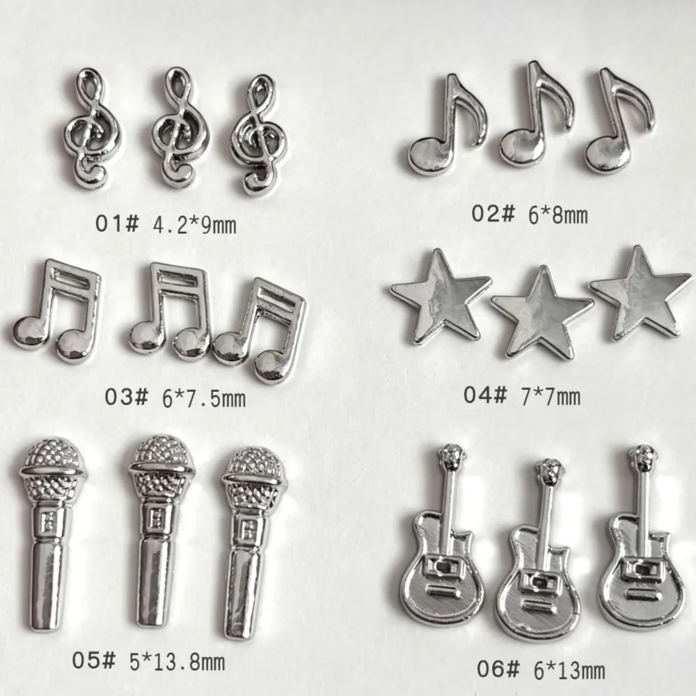 20PCS Silver Music Theme 3D Alloy Nail Charms Microphone Guitar Musical Note Star Y2K Rock Nails Decor DIY Manicure Accessories