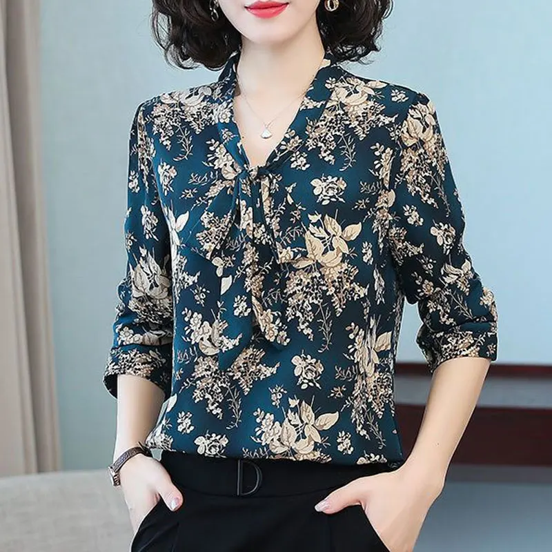 Fashion Vintage Plant Printed Shirt Women\'s Clothing Loose Long Sleeve Commute Spring Autumn Elegant V-Neck Bandage Bow Blouse