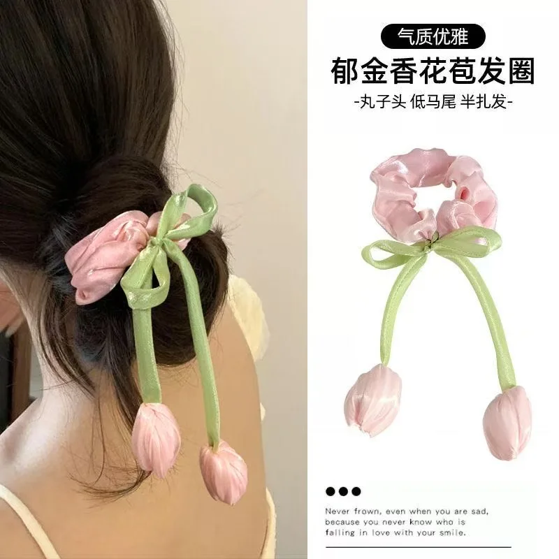ربطة شعر الأميرة توليب زهرة سكرانشية حبل شعر للنساء عصابة رأس إكسسوار شعر للأطفال شريط مرن إكسسوار شعر