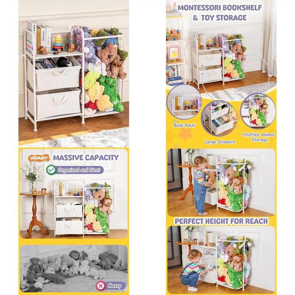 منظم تخزين ألعاب وكتب الأطفال 2 في 1 باللون الأبيض، ورف تخزين الحيوانات المحشو المستوحى من مونتيسوري #1