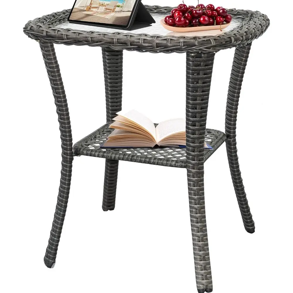 

All-Weather Double Wicker Patio Table with Storage, Ideal for Outdoor, Garden, and Poolside Use