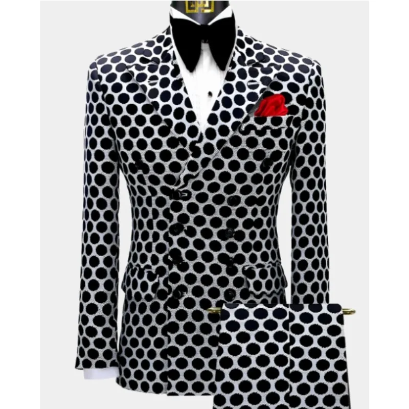 Men's Blazer Suits 2Pcs/Set Polka Dot Print Double Breasted Blazer & Pant 2Pcs Set Suit Business Occasion Suits Daily Wear