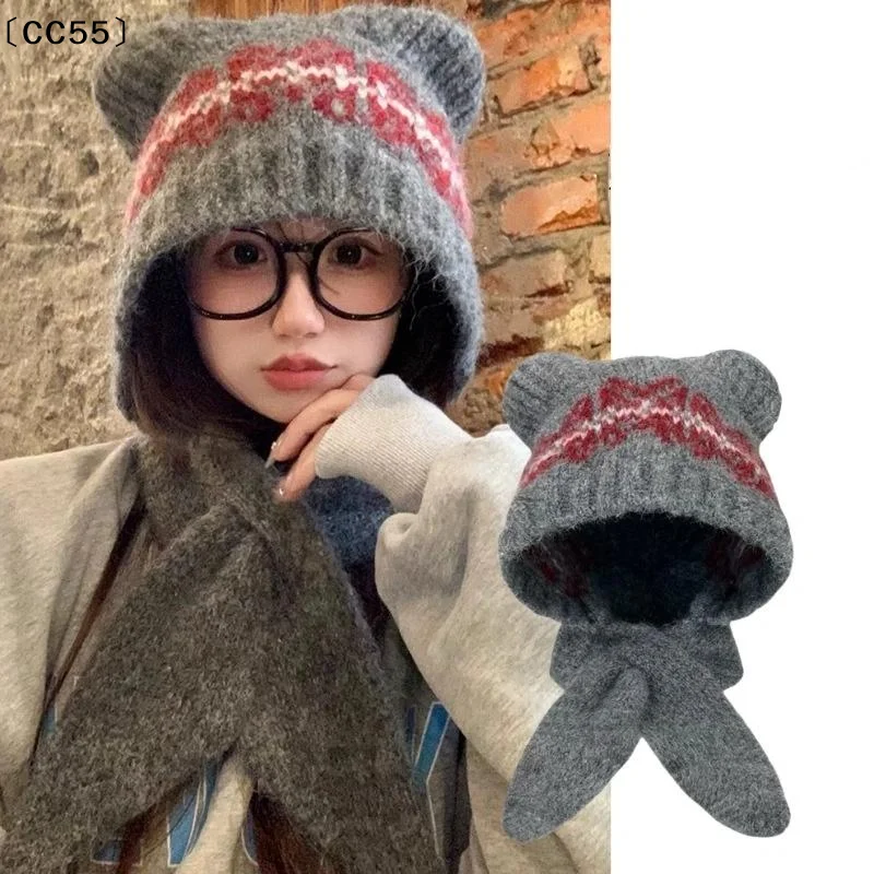 Winter Plush Beanies Cute Bear Ear Wool Hat For Women Girls Cute Ear Muffs Windproof Knitted Cap For Cold Weather〔CC55〕