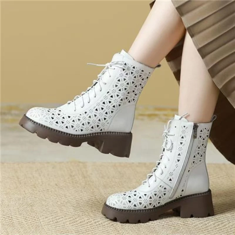 

Women Genuine Leather Big Size High Top Cool Boots Spring Summer New Thick Sole Round Toe Hollow Out Block Heel Ankle Boots