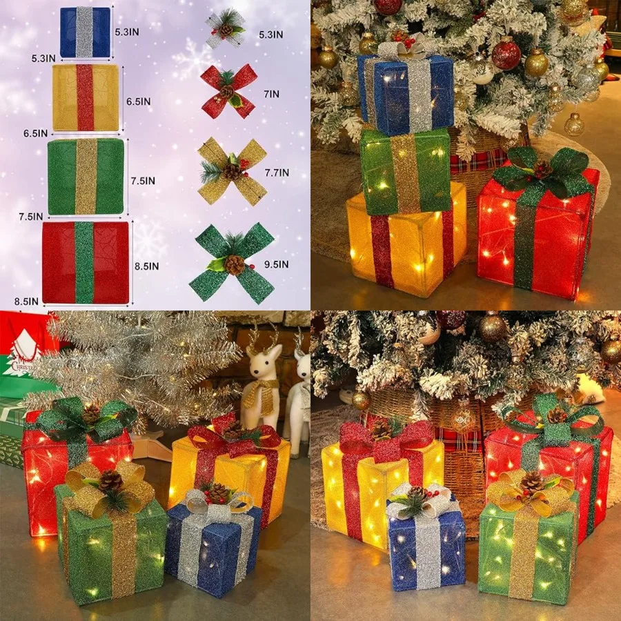 

Set of 4 Christmas Lighted Gift Boxes Decorations, Pre-lit Tinsel Present Box with Bowknot Red Green Yellow Blue,Light Up Xmas