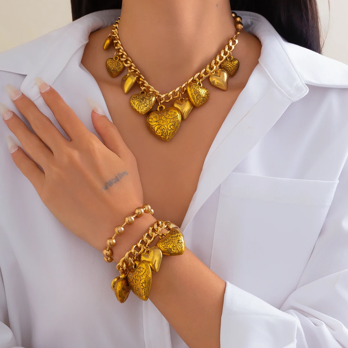 SHIXIN Vintage Printed Love Heart Pendant Necklace Charm Bracelet Women Punk Cuban Collar Chain Chunky Choker Grunge Jewelry Set