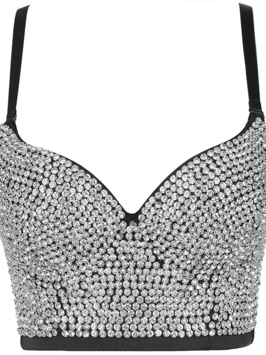 Bejeweled Strapless Bra Top Clubwear Transparent Diamond Exterior Wear Cotton Polyester Spandex Female Nightclub Outerwear