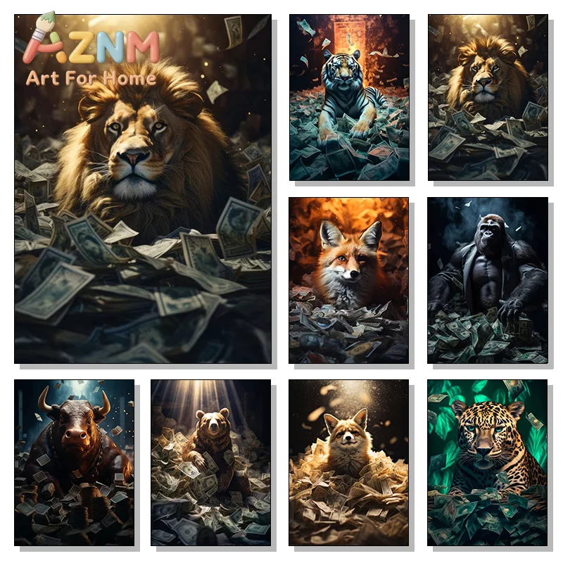 1pc frameless Canvas Painting Interesting Animal Portraits Leopards Tigers Lying In Banknotes Animals Poster Canvas Paintings Wa