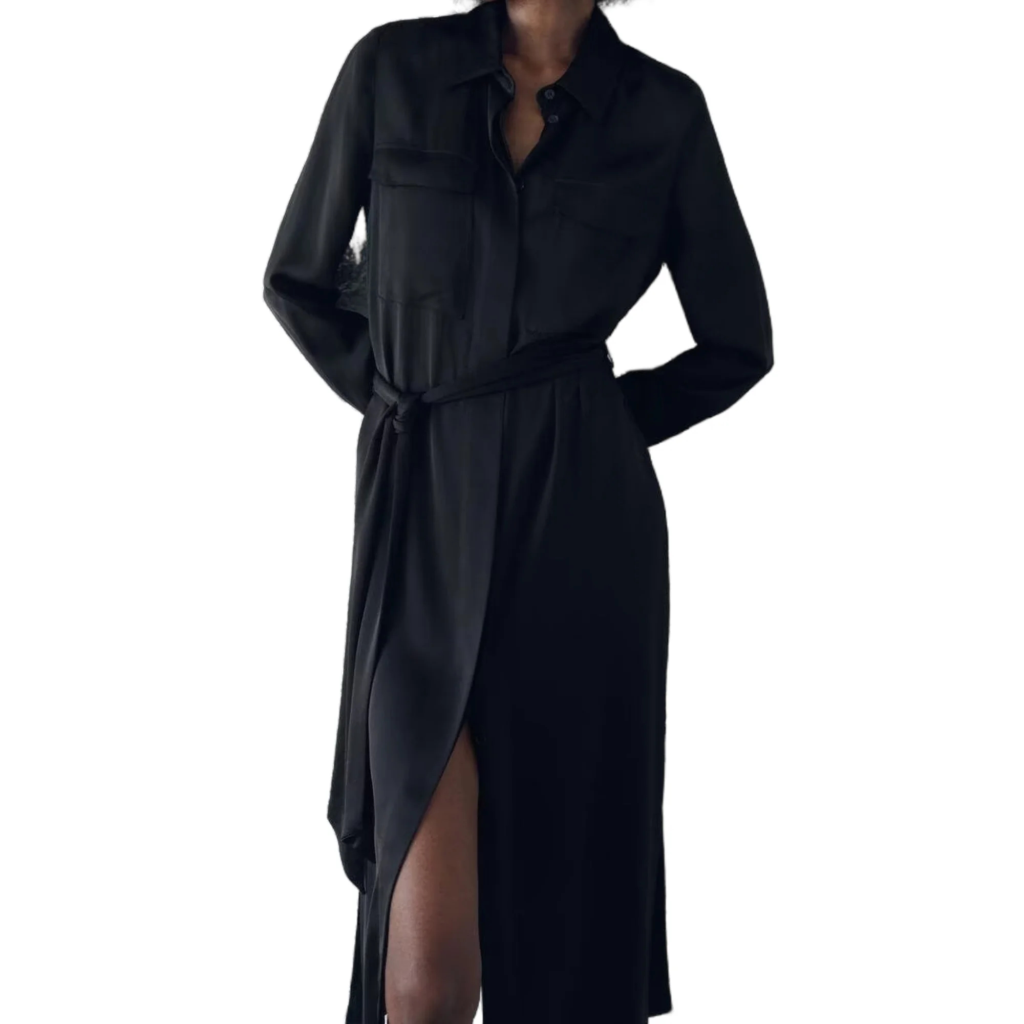 Women\'s Shirt Dress with Single-Breasted Pockets Trimmed Waist Lace-up Silk Satin Texture Commuter Quality Midi SkirtShirt Dress