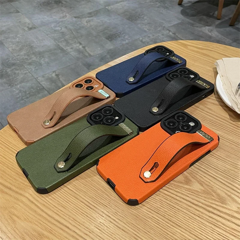 Luxuly Noble Black Leather Bracket Case For iPhone 14 13 12 Pro Max XR 8 7 Plus 11 X SE Anti-lost Wrist strap Lanyard Rope Cover image 5