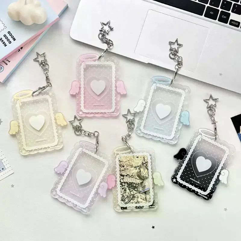 [1Pcs] 3 Inch Transparent Acrylic Photocard Holder Cartoon Angel Wing Star Keychain For Kpop Photos ID Cards