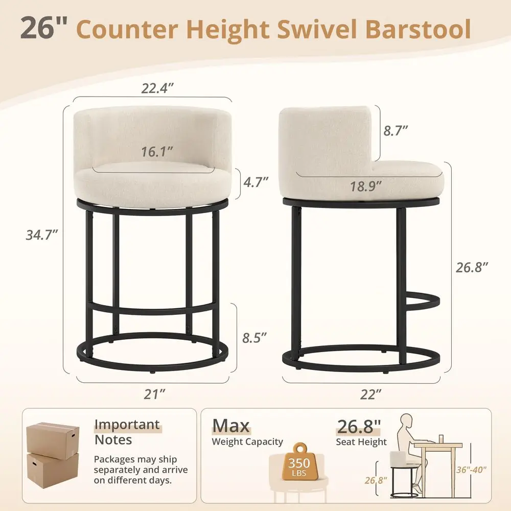 

26.8 Counter Height Bar Stools Set of 3, 180 Swivel Bar Stools, Modern Barrel Counter Stools with Back and Metal Frame, Fabric
