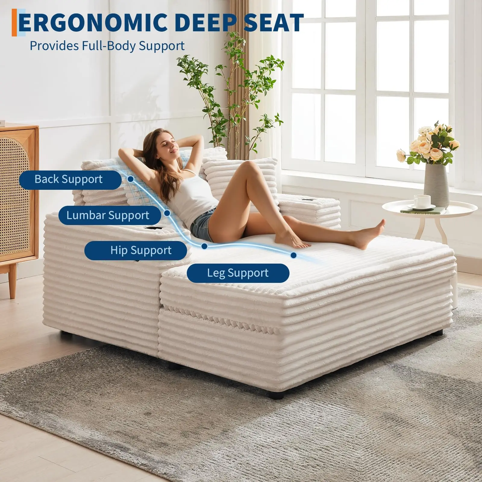 60 Inch Oversized Chaise Lounge Chair Corduroy Cloud Sofa Bed With USB Type C Port Cup Holders Pillows For Living Room Bedroom image 3