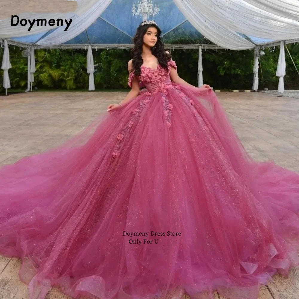 Doymeny-vestido de quinceañera con cuentas y flores en 3D, traje largo de tul con lentejuelas y hombros descubiertos para baile de 15 niñas