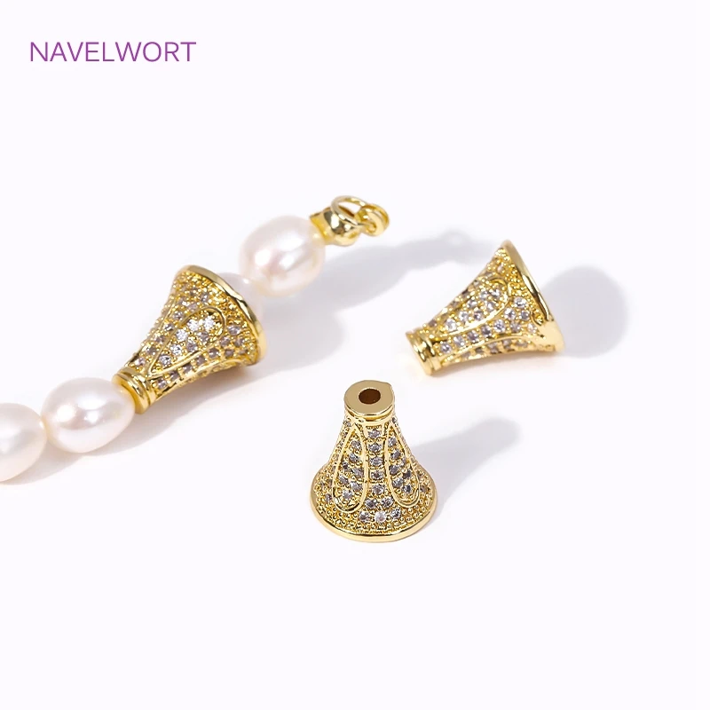 18K Gold Plated Inlaid Zircon Conical Beads Caps Tassel Caps,Separators For Beads,DIY Bracelet Earring Jewelry Making Fittings