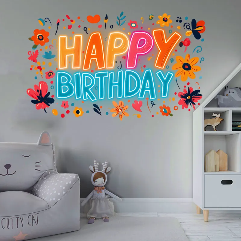 Bright Happy Birthday Neon Sign with Flowers, Fun LED Light Decoration for Party, Kids Room and Celebration, Perfect Gift Idea!